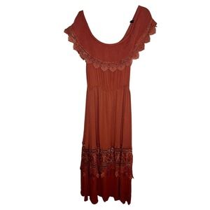 XL Boho Maxi Dress Rust Crochet Lace Off Shoulder Festival J for Justify